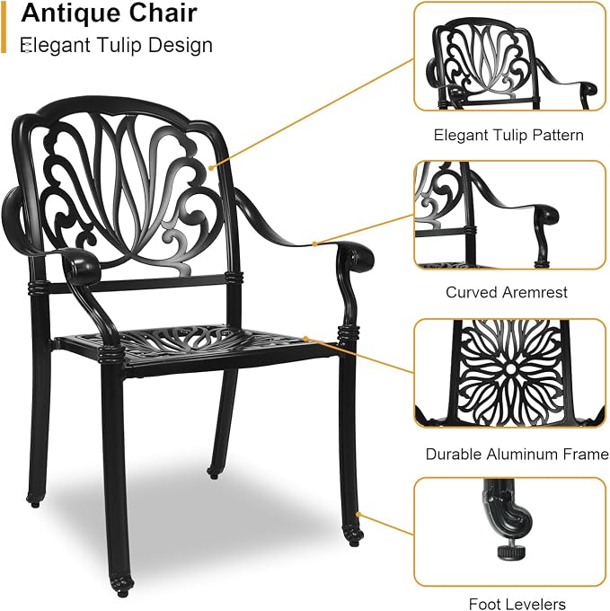 Cast Aluminum Dining Set 5 Piece Outdoor, Patio Conversation Furniture Set, Patio Table and Chairs Set of 4 for Garden Backyard, Black