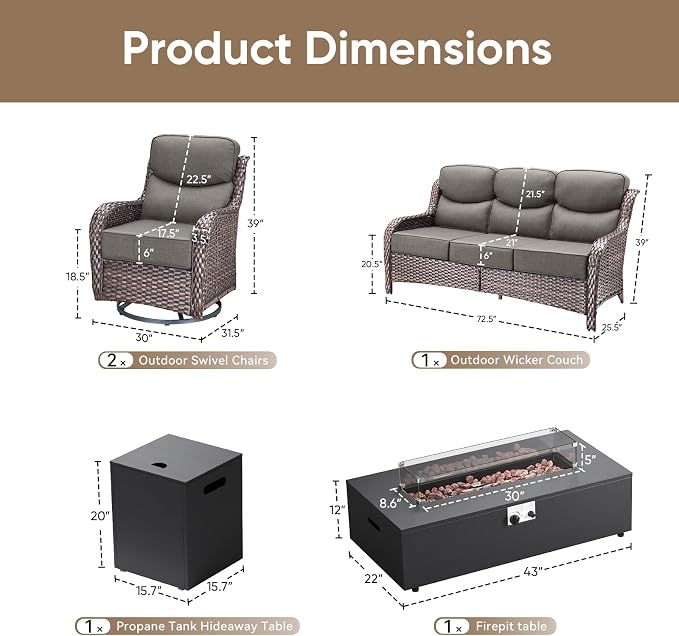 HUMMUH Luxury Patio Furniture Set 6-inch Thick Cushions High Back Swivel Rocker Chairs & 3 Seater-Couch & Steel Fire Pit Table 5 Pieces Outdoor Conversation Set for Porch,Deck,Backyard