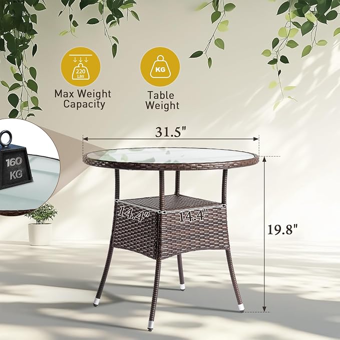 Outvita 31.5" Patio Rattan Dining Table, Frosted Glass Tabletop, Waterproof & Rustproof, Double-Layer Storage, Adjustable Feet, Elegant Brown Outdoor Table, Fits 4-Person Dining