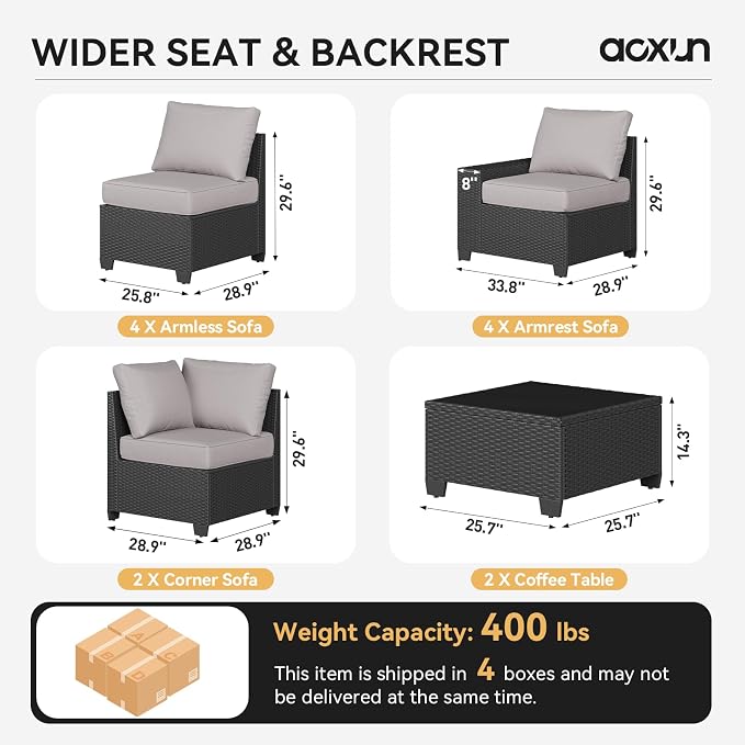 Aoxun Patio Furniture Set, 12 Pcs Outdoor Patio Furniture Sets with 4 in Thicken Cushion, Widen Armrests Wicker Outdoor Sectional for Backyard & Garden, Grey