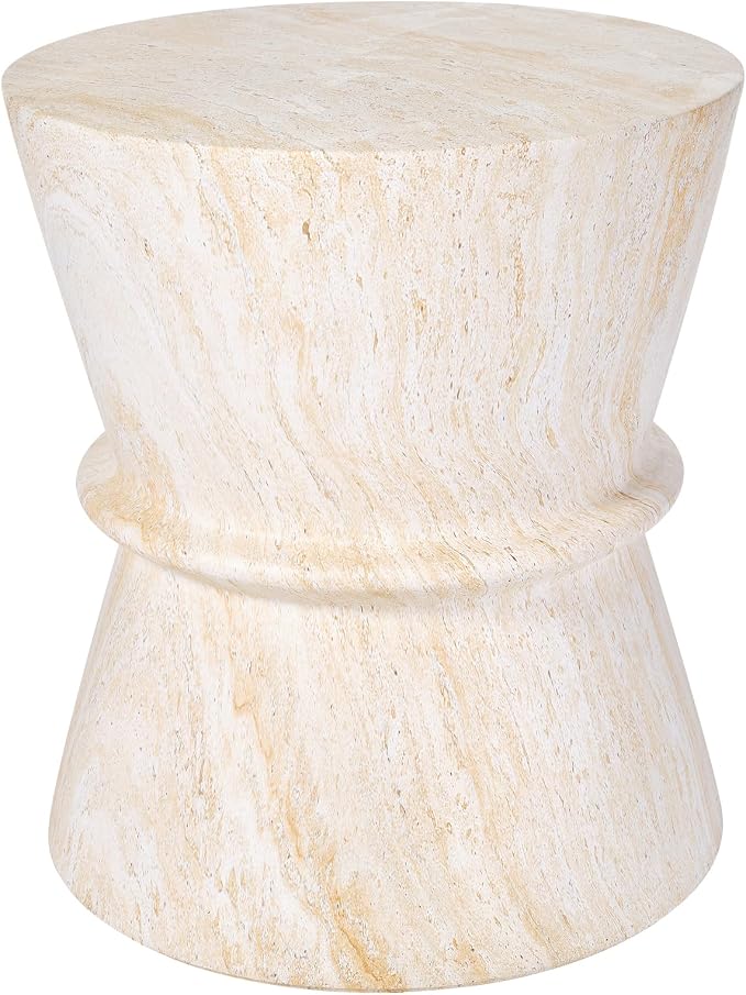 Round Outdoor Side Table, Modern MGO Concrete End Table with Faux Travertine Finish, Hourglass-Shaped Patio Side Table for Living Room Garden Balcony,Fully Assembled,Beige Travertine