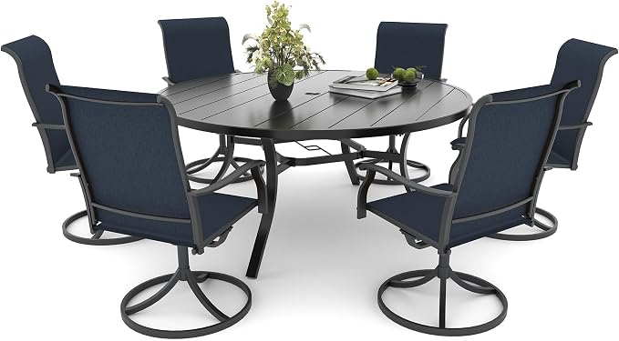 Anmutig 7 Piece Outdoor Patio Dining Set with 6 Swivel Dining Chairs & 54" Round Dining Table, All Weather Dining Furniture Set for Lawn Garden Blue