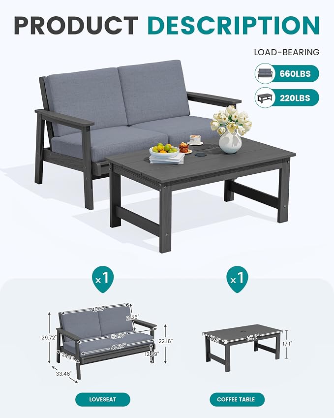 SERWALL Outdoor Loveseat, Grey Frame and Grey Cushion