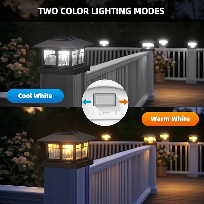 4x4 Solar Post Cap Lights, Classic Black, 8 Pack, Warm & Cool White | Fits 4x4 Wooden and Vinyl Posts,Fence Deck Post Lights,Edison-style bulb