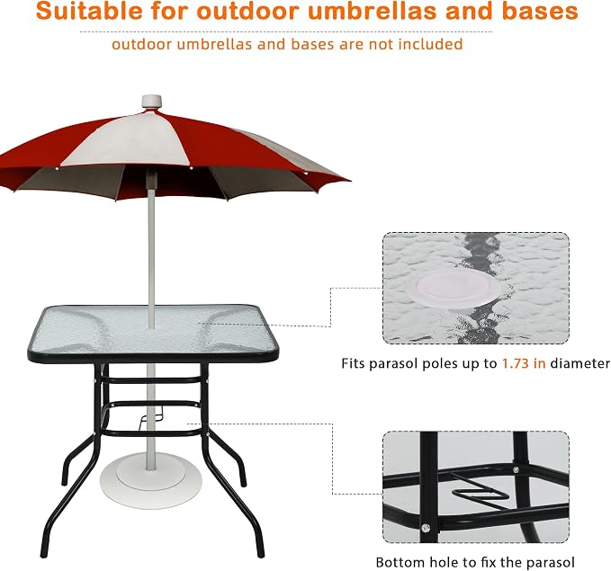 Outdoor Patio Table with Umbrella Hole, 32 Inch Patio Dining Table All Weather Square Patio Table, Glass Patio Tables for Outside, Balcony, Backyard, Poolside(Square)