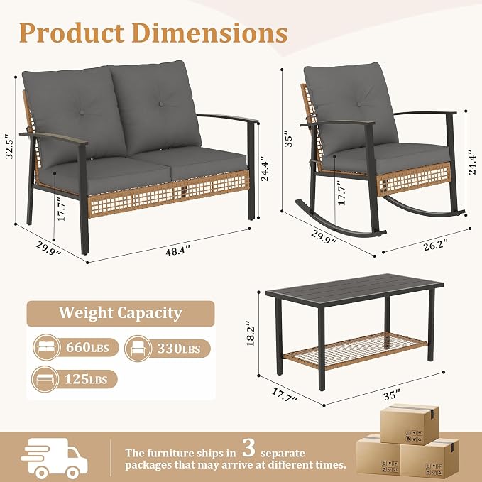 Deersky 4 Piece Outdoor Patio Furniture Set, Outdoor Rocking Chairs and Table, All-Weather Modern PE Wicker Rattan Patio Conversation Set for Porch Sunroom Deck and Yard, Dark Grey