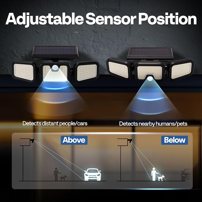 VIVOHOME Solar Flood Lights Outdoor, 256 LED Motion Sensor Lights | 2500LM, 3 Adjustable Heads Security Lights, IP65 Waterproof, 270° Wide Lighting Angle Solar Powered Lights for Porch, Yard