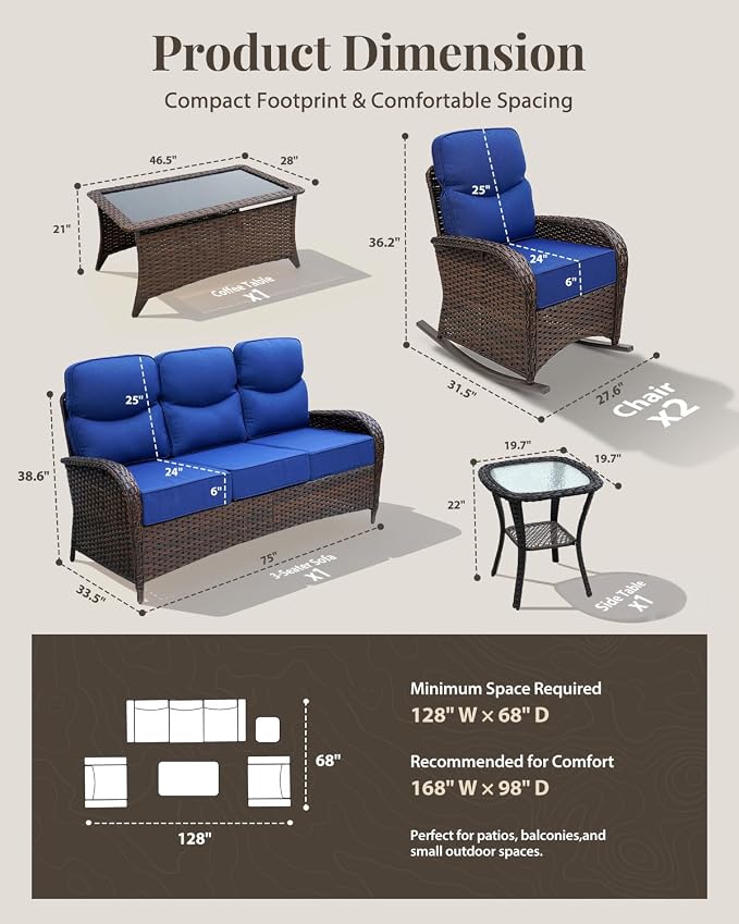 Luxury Patio Furniture Set with 6" Thick Cushions, High Back Outdoor Rocking Chairs and 3-seat Sofa, 5 Pcs All Weather Conversation Set for Porch Deck Poolside Yard (Blue)