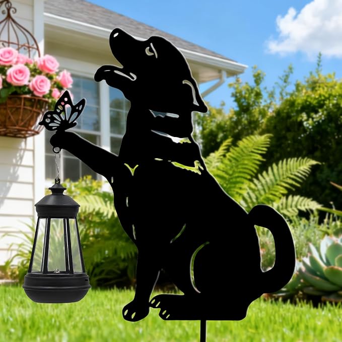 twinbling Solar Black Dog Lights Patio Decorations Outdoor | Garden Decor Stake with Butterfly Decorative Metal Ornament for Yard Pathway Lawn Patio Unique Gift Ideas for Christmas
