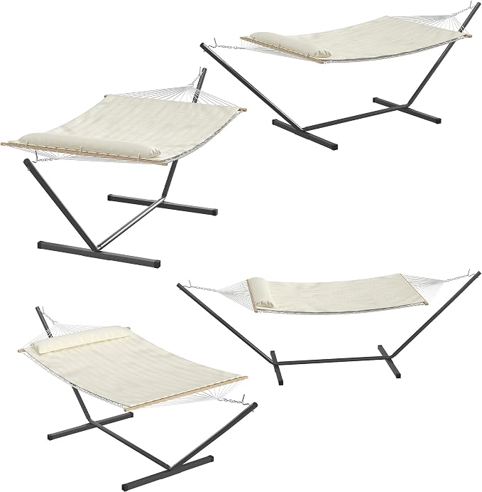 Beige 2 Person Hammock with Stand, 2 Person Hammock with Pillow, 450 LBS Capacity Heavy Duty Steel Stand, Freestanding Hammock for Patio, Backyard, Outdoor