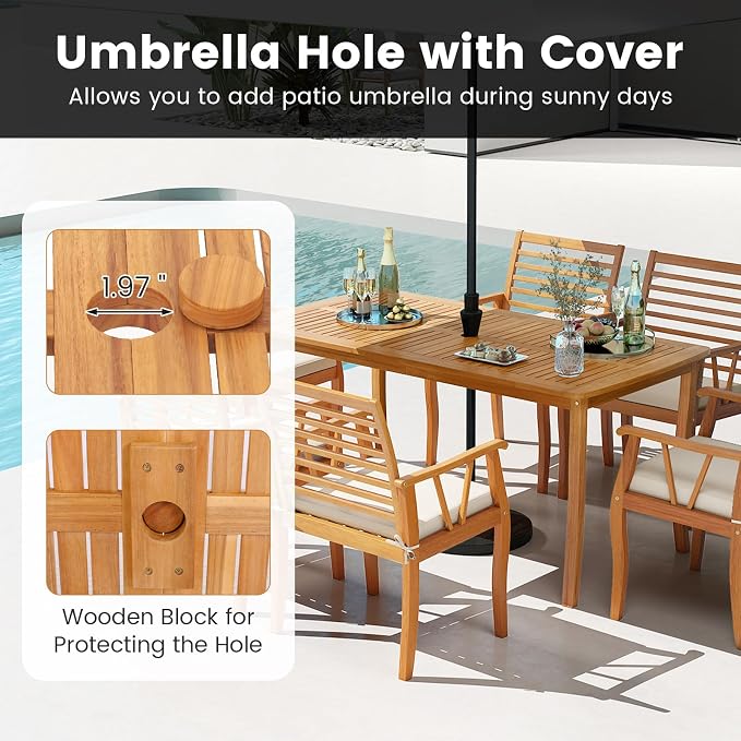Tangkula 63-Inch Acacia Wood Outdoor Dining Table, 4-6 People Rectangle Patio Table with Umbrella Hole & Slatted Tabletop, Outside Table for Backyard, Garden, Porch, Deck