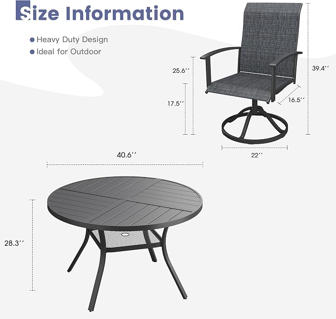 VICLLAX Outdoor Table and Chairs Set for 4, Patio Dining Set of 40.6" Metal Round Patio Table with Umbrella Hole & 4 Swivel Outdoor Dining Chairs for Backyard Lawn, Charcoal & Black