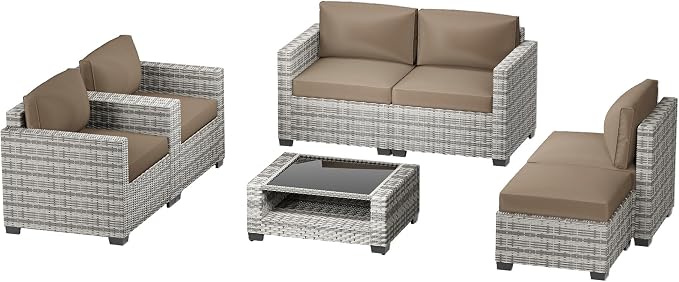 Patio Furniture Set, 7-Piece Outdoor Sectional Couch with Coffee Table & Thick Cushions, Outdoor Wicker Conversation Set for Backyard, Poolside, Garden (Grey White-Camel, 7 Piece-Double)