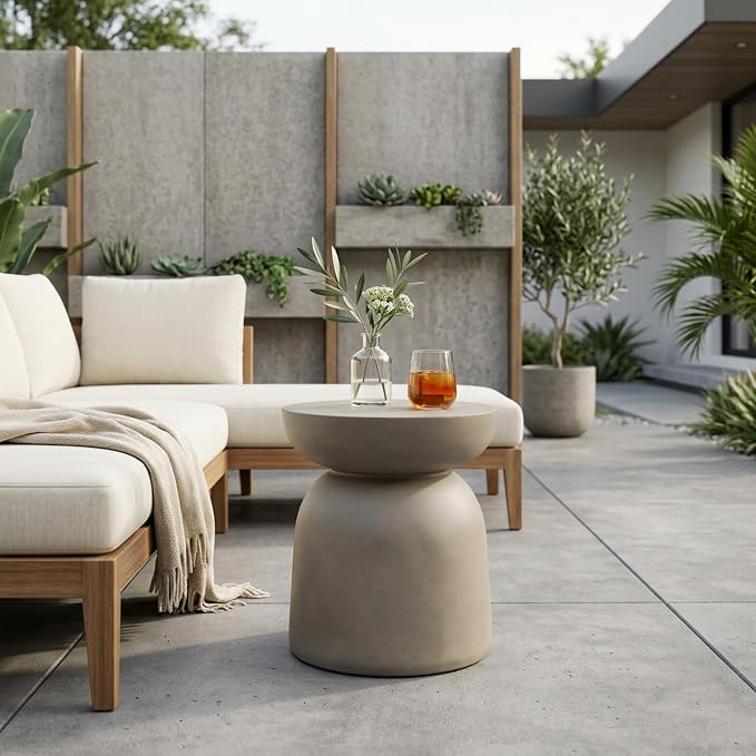 Outdoor Side Table Concrete End Table Faux Stone Side Tables Small Coffee Tables for Indoor Outdoor, Garden Stool Plant Stand for Porch, Backyard Patio, 15.75"*15.75" *18*Light Grey-Round