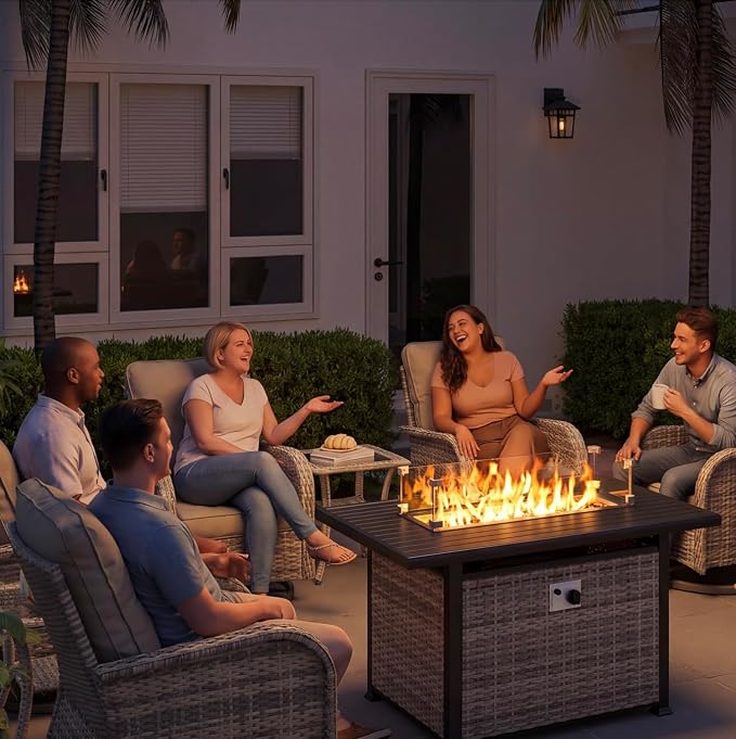7Pcs Patio Rocking Swivel Chair with 55,000 BTU Fire Pit Table Outdoor Wicker Rattan Bistro Set with Tempered Glass Side Table, Outdoor Patio Furniture Set for Garden and Balcony, White