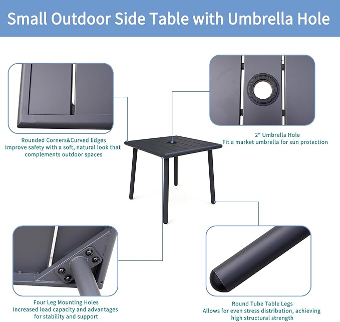 Small Metal Outdoor Side Table with Umbrella Hole Set of 2, Sqaure Patio Coffee Bistro Table End Table, Umbrella Table with Hole for Poolside Yard Porch Deck Balcony,19.7x19.7 inches, Black