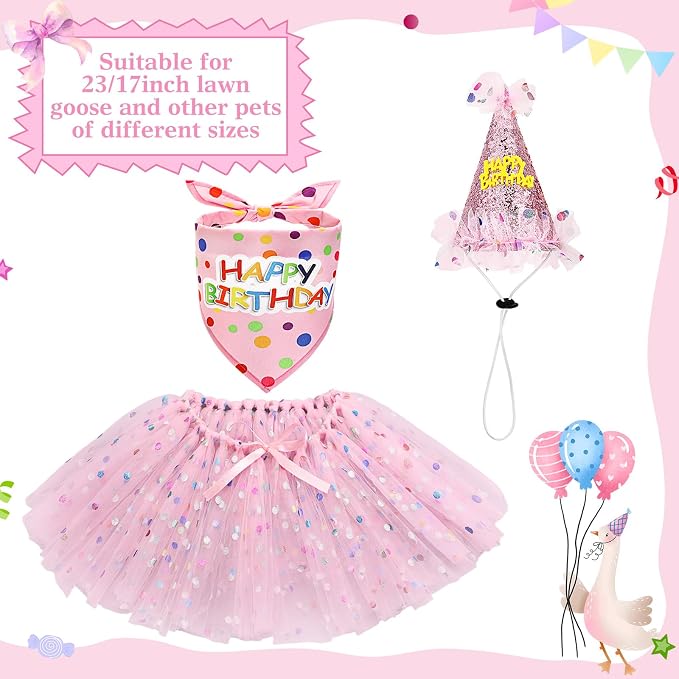 3 Pcs Porch Goose Birthday Outfit Girl Cement Goose Clothes,Pink | 23 Inch Porch Goose Outfits Happy Birthday, Porch Goose Outfits Princess, Happy Birthday Hat and Tutu Skirt Bandana