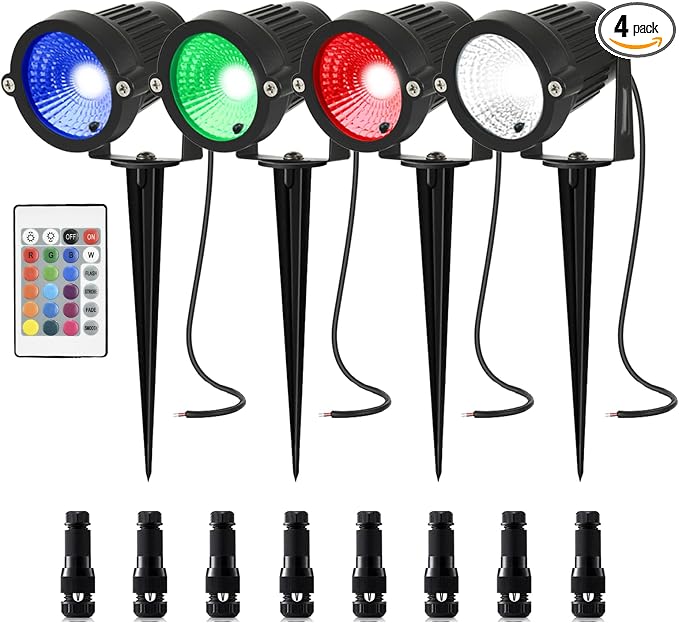 5W RGB Low Voltage Landscape Lights, LED Color Changing Landscape Lighting, IP66 Waterproof Outdoor Spotlight, 12V 24V Christmas Decorative Light for Yard Garden Path 4 Pack with Connector