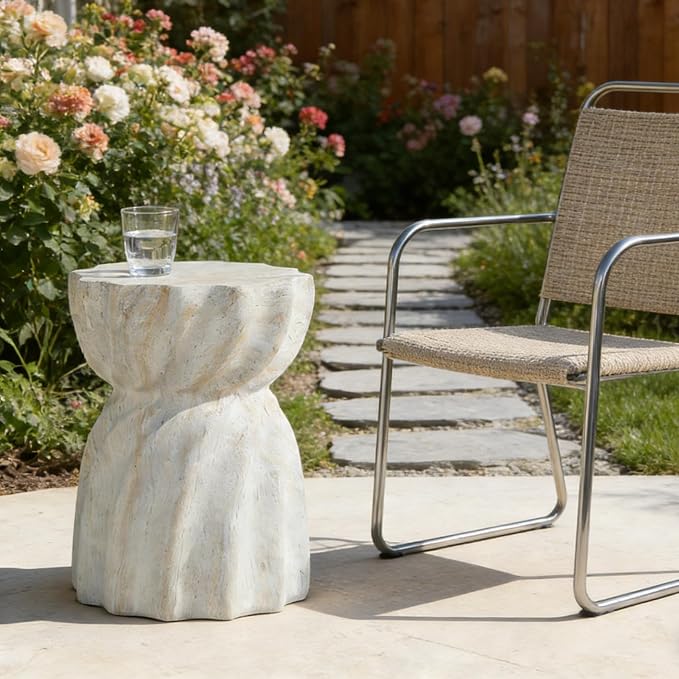 Stone Side Table,Round Faux Marble Side Table,Modern Small Stone End Table for Balcony (White-13.8"-9)
