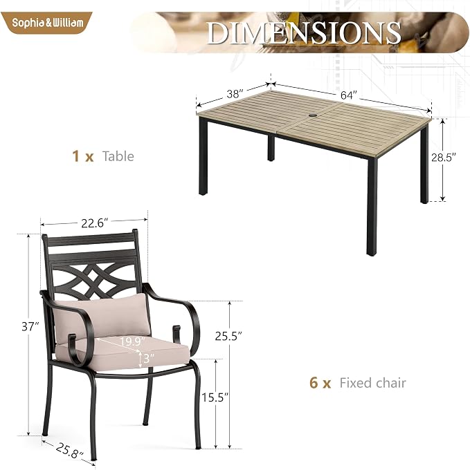 Sophia & William Patio Dining Set, Chairs, Metal Top Wood Texture-64 | Seats 6, Cushions, 1.57-1.9 Adjustable Umbrella Hole