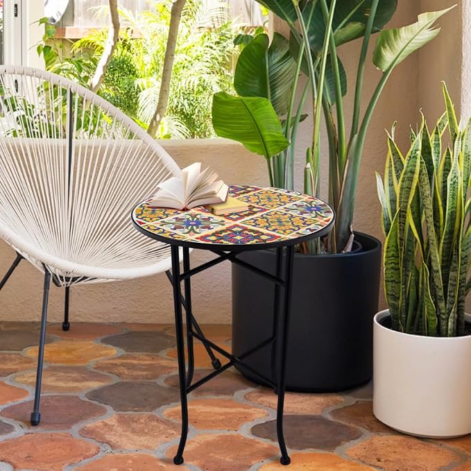 Mosaic Outdoor Side Table Small Round Patio Table Plant Stand | 21" Accent End Table with 14" Ceramic Tile Top for Small Spaces Porch Pool Garden Decor Indoor Living Room Bedroom Balcony