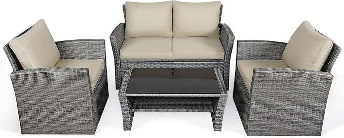 COSTWAY 4 Pieces Patio Rattan Furniture Set, Outdoor Wicker Sofa Set with Tempered Glass Coffee Table, Cushions, All Weather Rattan Conversation Set for Yard Balcony Backyard Pool (Khaki)