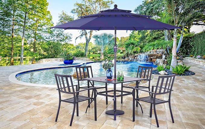 PHI VILLA 5 Pcs Outdoor Dining Set with 10ft Umbrella | 37" Square Metal Dining Table & 4 Stacking Metal Chair with 3 Tier Red Umbrella for Patio, Deck, Yard, Porch