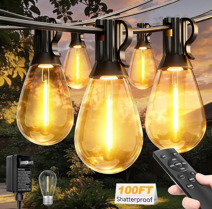 100FT Outdoor String Lights with Remote, LED Patio Lights with 35+1 Waterproof S11 Bulbs, Outside Dimmable 2700K Warm White, Timer & 3 Modes,for Backyard Garden Deck Porch Balcony Gazebo Party Decor