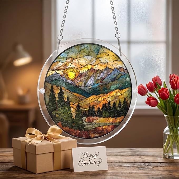 Acrylic Puzzle Suncatcher, Mountain Stained Glass Window Hanging, Sun Catcher Puzzle Kit Home Garden Decor, Creative Mothers Day and Birthdays Gifts for Mom, Wife, Sisters, 7.87 inch