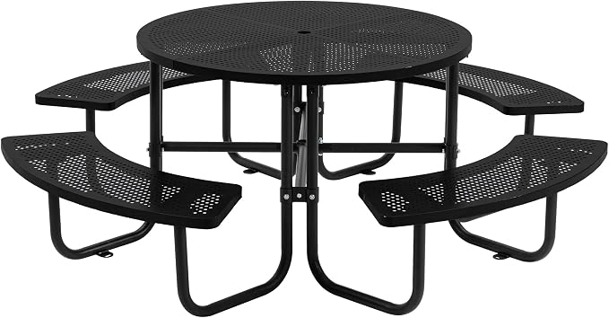 46" Round Heavy Duty Metal Picnic Table with 1.78" Umbrella Hole, Rustproof Coated Mesh Tabletop, Portable Round Outdoor Table for Patio, Lawn, Garden, Backyard & Camping, Black