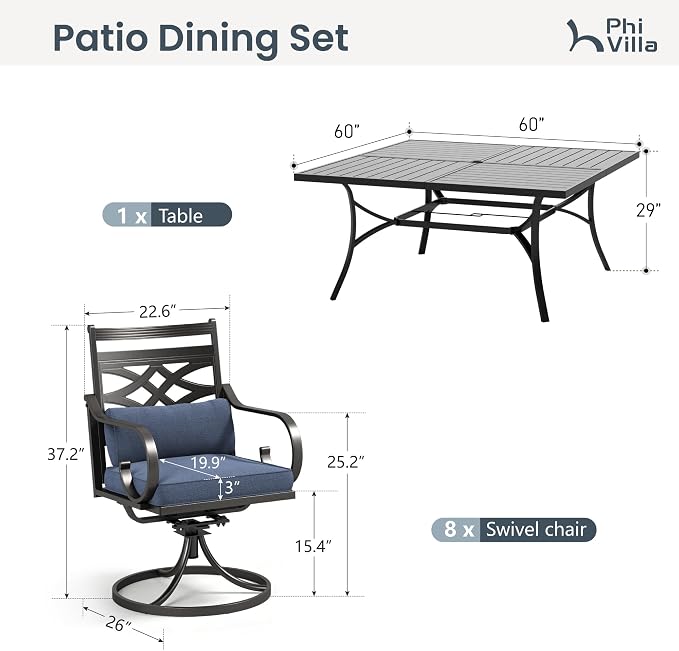PHI VILLA 9 Piece, Outdoor Dining Set, 57.5" Square Metal Table, Blue | Wrought Iron, Swivel Chairs, Umbrella Hole