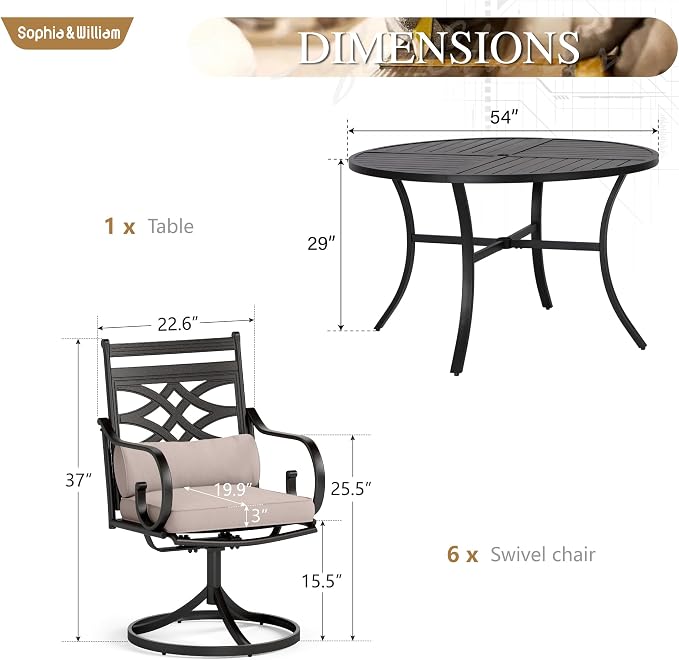 Sophia & William Patio Dining Set, Steel, Black | Umbrella Hole, Swivel Chairs, E-Coated, Cushions Included, For Patio, Garden and Yard