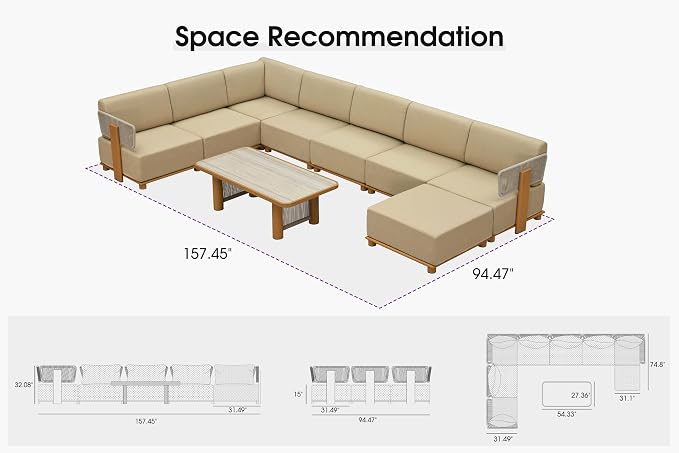 PURPLE LEAF Patio Furniture Set Modular U-Shaped Outdoor Sectional Sofa with 11" Thick Cushion 9-Piece Outdoor Conversation Set w/Ottoman & Coffee Lights for Backyard Poolside Table Included, Beige