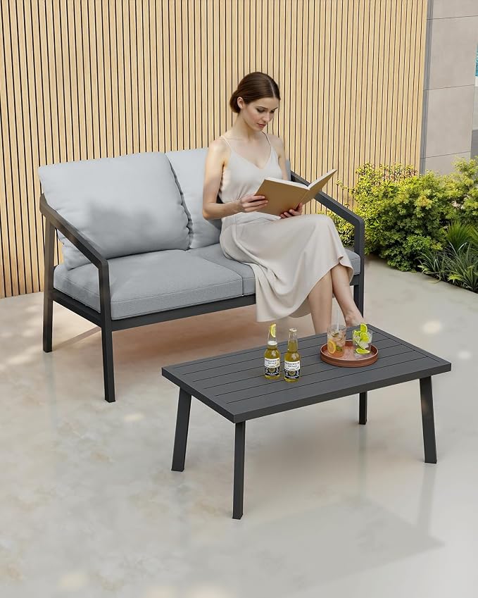 Patio Coffee Table, Never-Rust Aluminum Outdoor Coffee Table with Wood Grain Texture, Modern Rectangle Garden Coffee Table with Slatted Tabletop for Poolside, Decks, Indoor, Backyard, Black