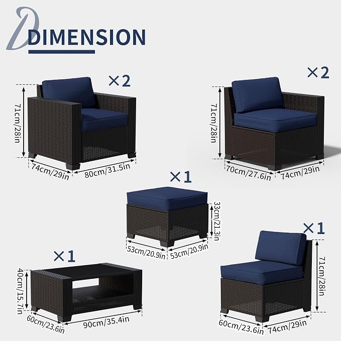 YLGJ&TIDY 7 PCS Outdoor Patio Wicker Furniture Set Sofa with Coffee Table | All Weather Rattan Woven Patio Conversation Set with Dark Blue Thicken Cushion and Tempered Glass Table for Garden Backyard