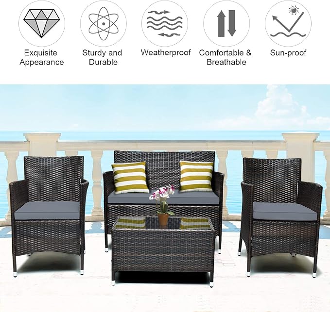 COSTWAY 4PCS Rattan Patio Furniture Set | Outdoor Wicker Rattan Chairs with Coffee Table, Rattan Cushioned Conversation Set for Backyard Balcony Porch Poolside, Grey