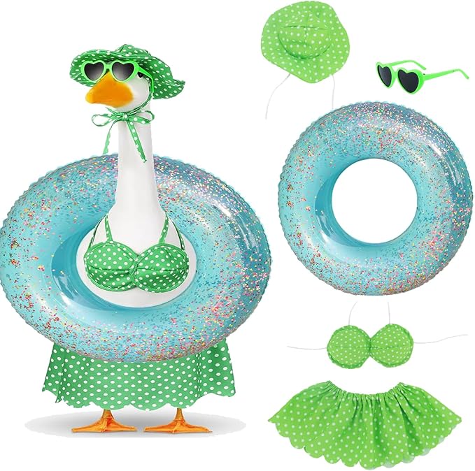 Porch Goose Summer Outfit for Cement or Plastic Goose 23'' Lawn Patio Statue, Bikini Goose Clothes, Hawaiian Outfit with Hat Sunglasses & Swimming Ring for Outdoor Garden Yard Decor (Green)