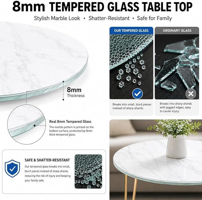 24" Round Tempered Glass Table Top, 5/16" (8mm) Thick, Marble Pattern Replacement, Heavy-Duty, Heat & Scratch Resistant for Coffee, Dining & Patio Tables, White