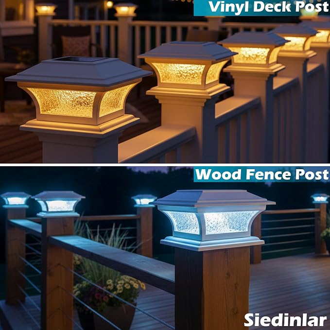 SIEDiNLAR Solar Post Lights Outdoor Glass LED Fence Cap Light 2 Modes for 4x4 5x5 6x6 Posts Patio Deck Garden Decoration Warm White/Cool White Lighting White (1 Pack)
