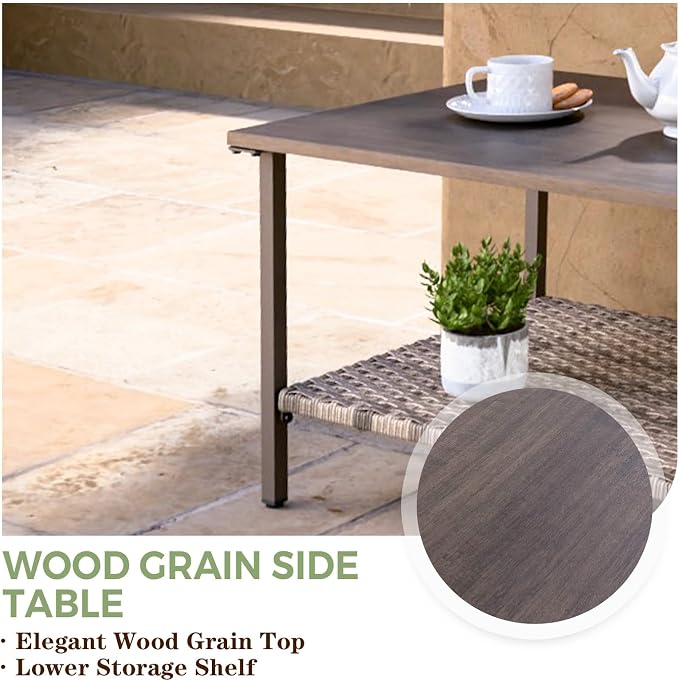 EAGLE PEAK Coastal Vista Outdoor Table with Wicker Shelf for Garden, Patio, Poolside and Porch, Square, Wood Grain Top