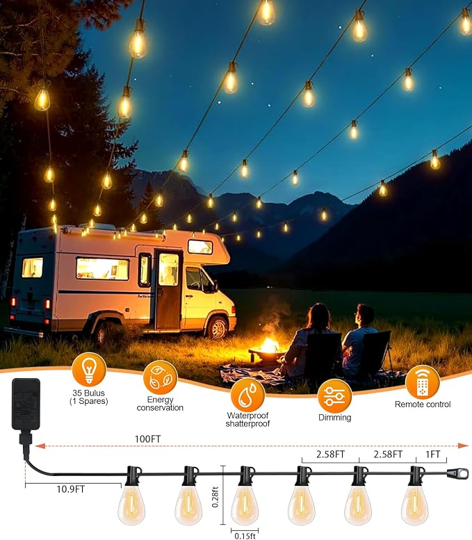 Tenmiro 100FT LED Outdoor String Lights with Remote, 35+ 1 Shatterproof Bulbs Waterproof and Dimmable Patio Lights for Porch, Garden, Backyard, Deck, Balcony, Hanging Lighting Decor