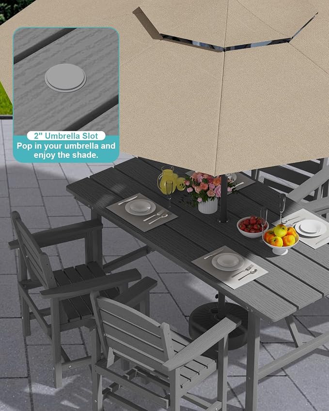 PLUUV 66" Outdoor Dining Table, All-Weather HDPE Rectangular Patio Table with 2” Umbrella Hole, Weatherproof, Grey