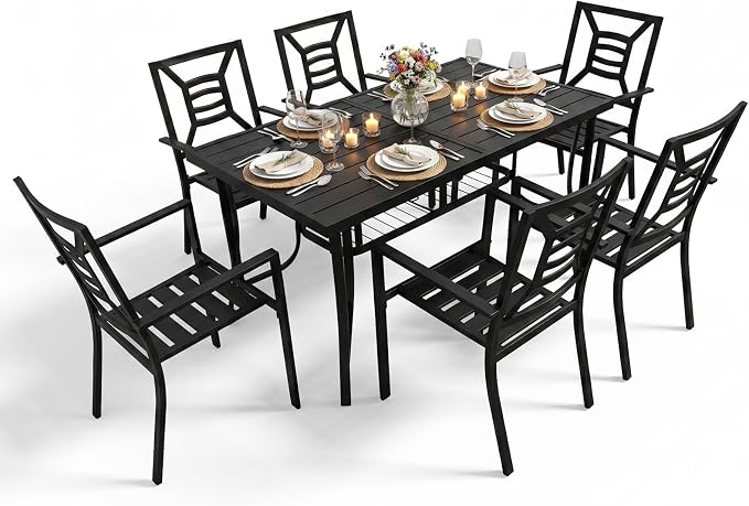 7 Pieces Patio Dining Set for 6, Large 60" Outdoor Metal Table with Universa Umbrella Hole & Stackable Iron Chairs, Patio Furniture Set for Deck, Backyard, Yard, Porch