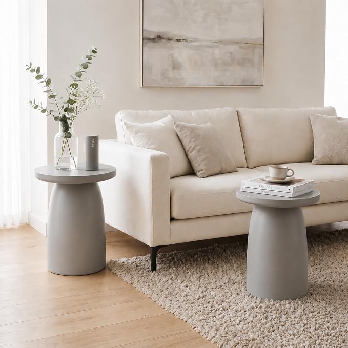 SUNBURY Outdoor Side Table, 22"H Large Concrete End Table Pebble Shaped, Lightweight Round Accent Table, Decorative Modern Coffee Table, Garden Planter Stand for Patio, Porch, Living Room Decor, Grey