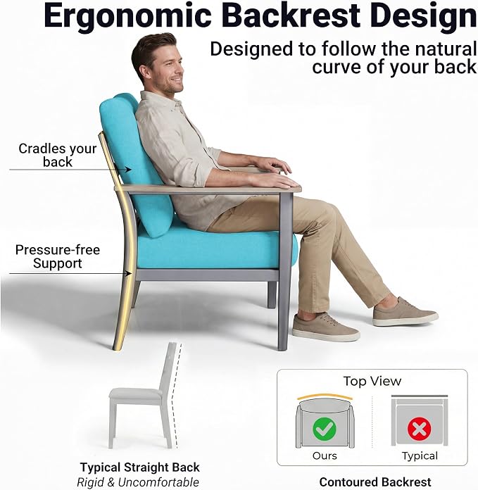Aluminum Patio Chairs Set of 2, Modern Outdoor Armchairs with Wood-Like Armrests & 5.1" Thick Cushions, Wide Seat Balcony Furniture for Porch, Deck, Blue