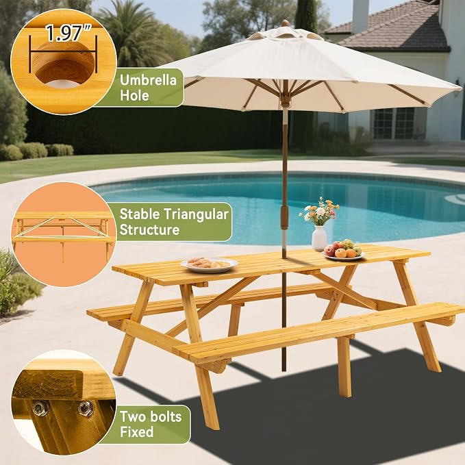 75" Rectangular Outdoor Picnic Table with Built-in Benches & Umbrella Hole,8-Person Heavy-Duty Solid Wood Dining Table,2220lb Capacity Natural for Camping, Garden & BBQ Social Events