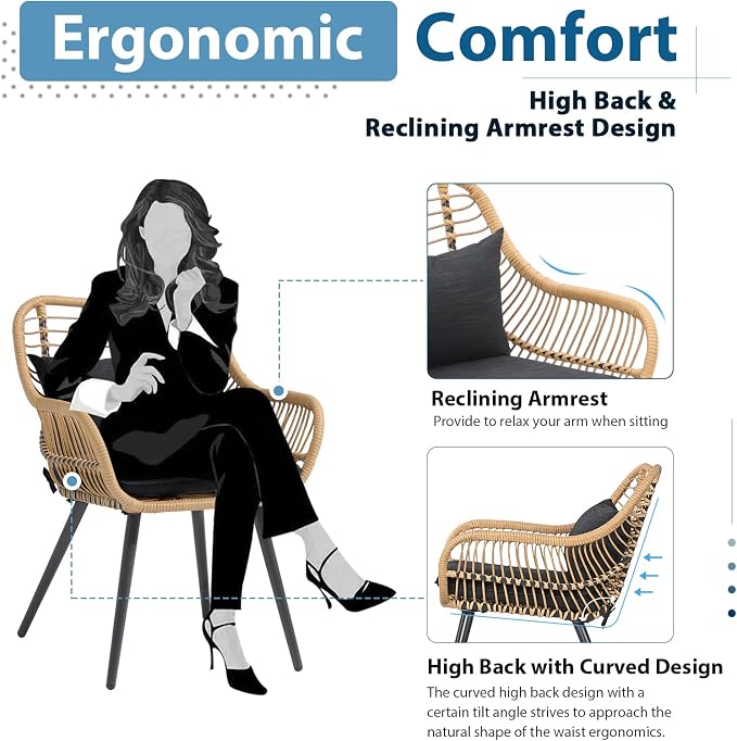 JOIVI 2 PCS Outdoor Patio Chairs, Wicker Dining Chairs with Armrest, Black | Set of 2, All-Weather Outdoor Seating with Iron Frame, w/Seat Cushions, Balcony Furniture for Apartments, Porch, Backyard