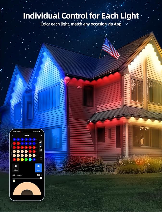 Permanent Outdoor Lights 50FT with 36 LEDs, Smart Eaves Lights RGBW | Waterproof Outdoor String Lights, 110+ Scene Modes, 40LM Warm White, for Daily/Holiday Decor, App/Voice/Remote Control, Black