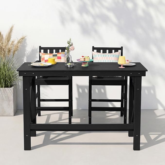 3-Piece Outdoor Bar Table and Chairs Set, HDPE Counter Height Patio Dining Sets, Adirondack Bar Height Chairs Set of 2 and Bar Table for Bistro, Poolside, Backyard, Black