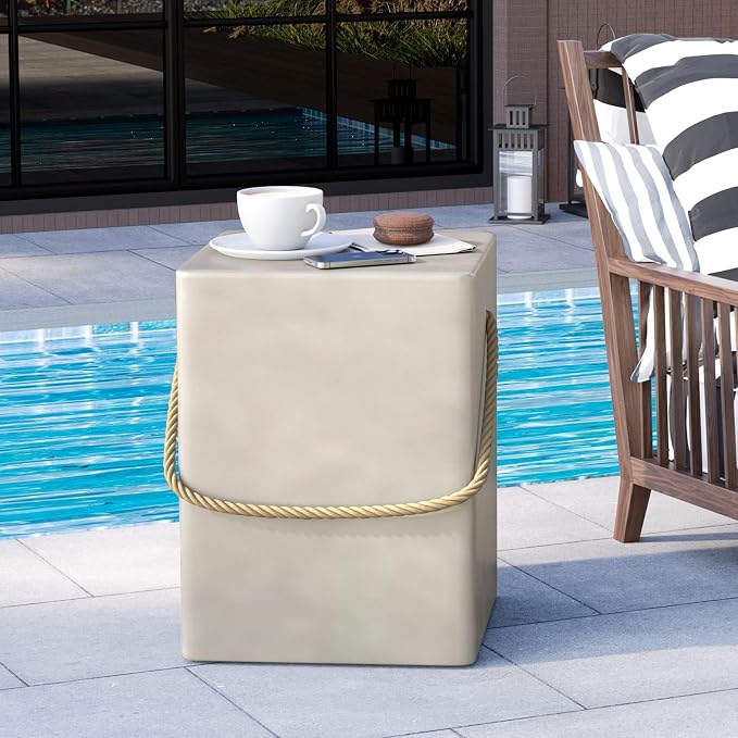 HOMPUS Outdoor Side Table Set of 2, 2 Pieces Patio Concrete Natural End Table w Hemp Rope Handle, Square Accent Table Set, Small Coffee MgO Table for Garden, Porch and Deck, Light Grey